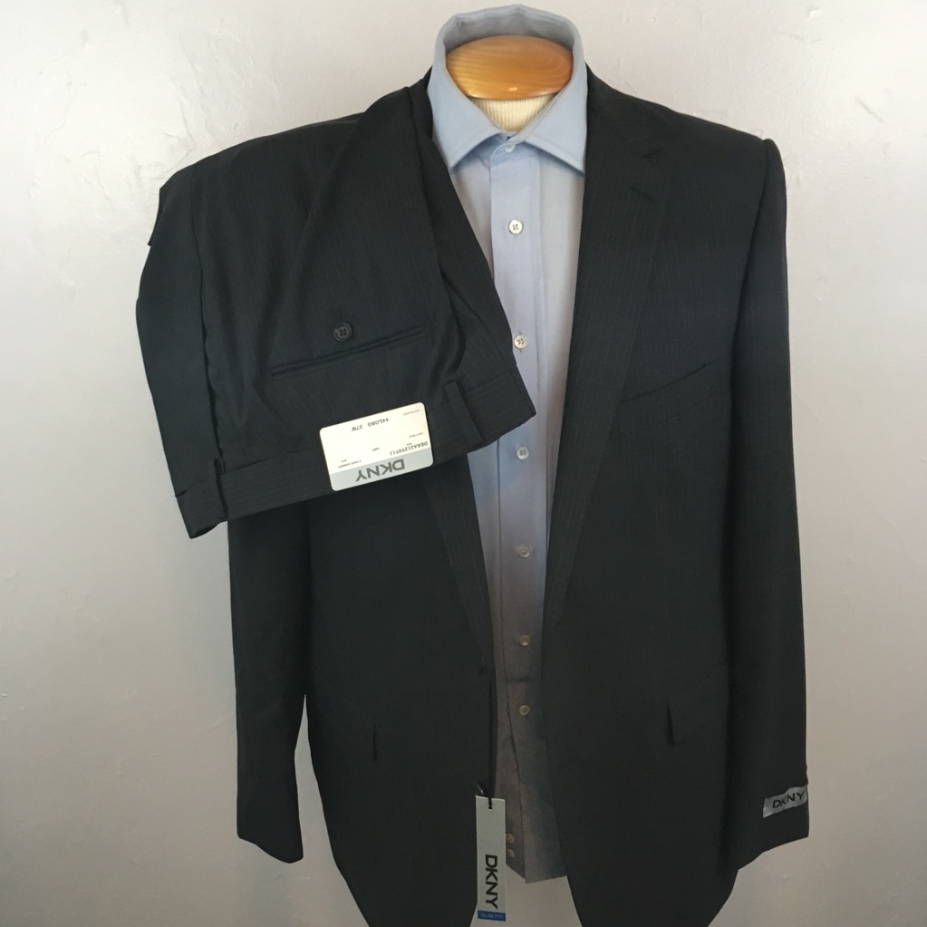 Dkny 44l Mens Suit Gray Blue Tan Stripes Slim Fit 100% Wool 2 Piece New Ea0104